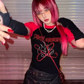 Sieviešu t-krekls Streetwear Punk Melns T Krekls Harajuku Goth Vēstuli Izdrukāt Bodycon Īsām Piedurknēm Sieviešu Sexy Crop Topi dropshipping