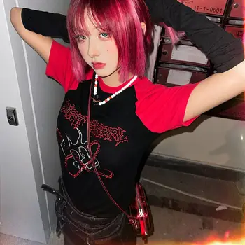 Sieviešu t-krekls Streetwear Punk Melns T Krekls Harajuku Goth Vēstuli Izdrukāt Bodycon Īsām Piedurknēm Sieviešu Sexy Crop Topi dropshipping