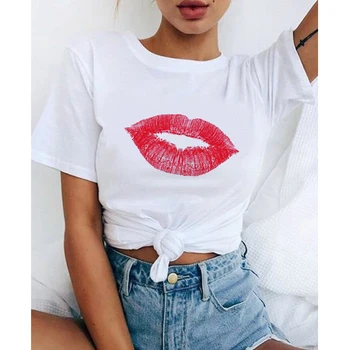 Sieviešu topi Harajuku Tees Sarkanu Lūpu Mīlestību, Druka, T-krekls pamata O-veida kakla īsām piedurknēm dāmas balts T-krekls kawaii grafiskais