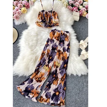 Sieviešu Vasaras Apģērbu Uzvalku Jaunu 2021 Modes Ziedu Drukāt Ikdienas Īsās Kamzolis Kultūraugu Top Augstas Jostasvietas Plaša Kāju Bikses 2 Pece Komplekts