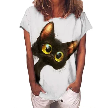 Sieviešu Vasaras Kaķis Print T-krekls Topi Gadījuma 5XL Zaudēt Īsām Piedurknēm krekli Vintage Plus Lieluma Apģērbu, Sieviešu Tēja Sievietēm