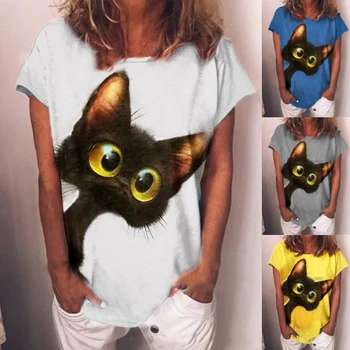 Sieviešu Vasaras Kaķis Print T-krekls Topi Gadījuma 5XL Zaudēt Īsām Piedurknēm krekli Vintage Plus Lieluma Apģērbu, Sieviešu Tēja Sievietēm
