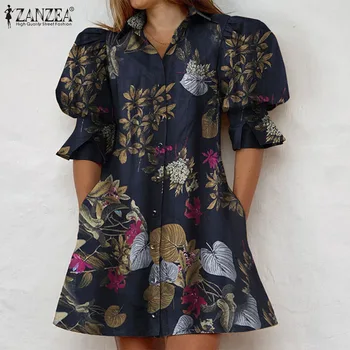 Sieviešu Vasaras Mini Kleita Ir 2021. Modes Puff Piedurknēm Drēbes Brīvdienu Gadījuma Īss Krekls Kleitas ZANZEA Elegants Ziedu Drukāt Vestido