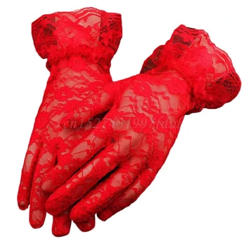 Sieviešu Vasaras UV Aizsardzību, Ziedu Mežģīņu Īsās Cimdi tīrtoņa Krāsu Žakarda Puse Balli Pilnu Pirkstu Ruffles Pirkstaiņi