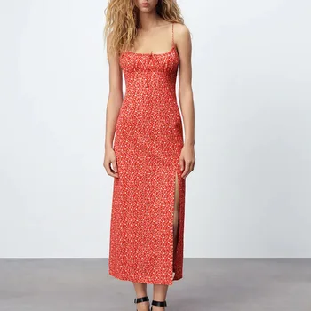 Sieviešu Vasaras Vintage Kleita ir 2021. ZA bez Piedurknēm, Ziedu Drukāt Elastīgas krūtis tauriņu Sieviešu Elegants Sadalīt dakša Puse Kleitas Vestidos