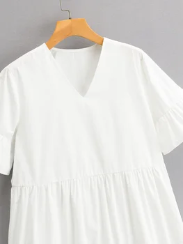 Sieviešu Vintage Baltās V-veida kakla Īsām Piedurknēm Kleita Modes Zaudēt Savirmot Izšūšanas Elegants Sieviešu Mini Kleitas