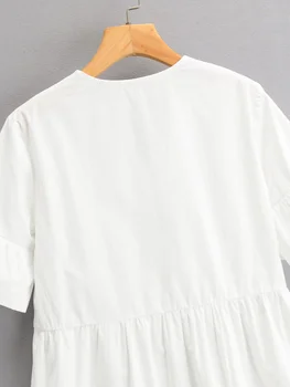 Sieviešu Vintage Baltās V-veida kakla Īsām Piedurknēm Kleita Modes Zaudēt Savirmot Izšūšanas Elegants Sieviešu Mini Kleitas