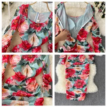 Sieviešu Ziedu Eleganta Kleita Vasaras Sieviešu Drēbes Slim Krokas Iespiesti Vintage Kleitas Modes Gadījuma Garām Piedurknēm Rudens Vestidos 2021