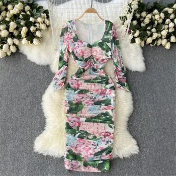 Sieviešu Ziedu Eleganta Kleita Vasaras Sieviešu Drēbes Slim Krokas Iespiesti Vintage Kleitas Modes Gadījuma Garām Piedurknēm Rudens Vestidos 2021