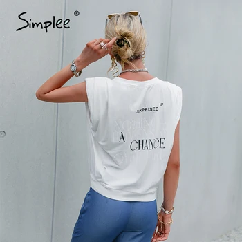 Simplee High street vēstuli izdrukāt grafiti T-krekls vasaras Personalizētu bez piedurknēm, balts T krekli, sieviešu O-veida kakla Plecu polsterēta augšu