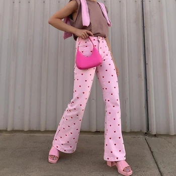 Sirds Drukāt PinkColor Augsta Vidukļa Izlīdzināšanu Bikses Mon Gudrs Pilna Garuma Bikses Y2k Sieviešu Harajuku Vintage Modes Capri Rudens