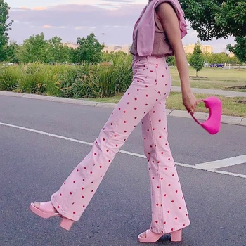 Sirds Drukāt PinkColor Augsta Vidukļa Izlīdzināšanu Bikses Mon Gudrs Pilna Garuma Bikses Y2k Sieviešu Harajuku Vintage Modes Capri Rudens