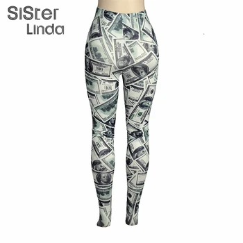 Sisterlinda Dolāru Grafiskais Izdrukāt Sievietēm Pilna Garuma Zeķes Augsta Vidukļa Biksēm Gadījuma Ielas Stila Bikses Šiks Slim Bikses Mujer