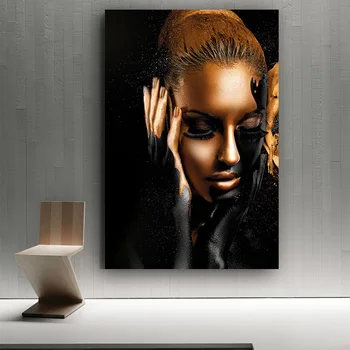 Skandināvijas Āfrikas Māksla Sieviete Melnā Zelta Pliks Eļļa, Audekls Gleznošanai Cuadros Plakāti un Izdrukas Sienas Mākslas Aina Dzīvojamā Istaba