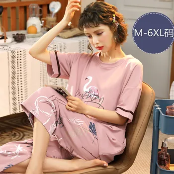 Sleepwear Kokvilnas Vasaras Pidžamas Komplekts Elegants Rozā Flamingo Drukāšanas Kokvilnas Plus Lieluma 6XL Sieviešu Homewear Liela Izmēra Pyjama Komplekts