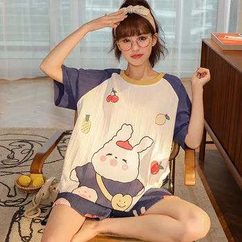 SLPBELY Sieviešu Pidžamas Pidžamas Komplekts Summer Cartoon Zemeņu O Apkakli, Īsām Piedurknēm Gudrs Kokvilnas Sleepwear Homewear Naktsveļu Jaunas