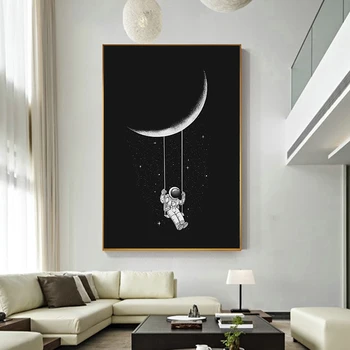 Smieklīgi Mākslas Telpa Astronauts Šūpošanos uz Mēness, Zvaigznes, Sienu Mākslas Audekla Gleznu Plakātu Sienas Dekori Bildes Izdrukas par Mājas Dekoru