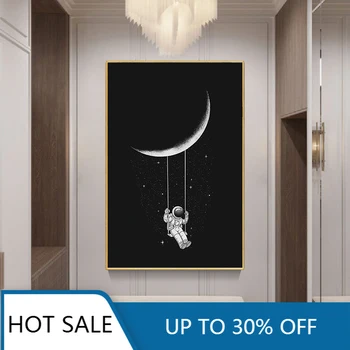 Smieklīgi Mākslas Telpa Astronauts Šūpošanos uz Mēness, Zvaigznes, Sienu Mākslas Audekla Gleznu Plakātu Sienas Dekori Bildes Izdrukas par Mājas Dekoru