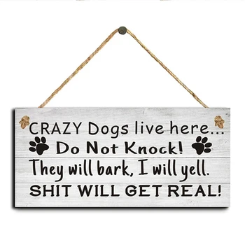 Smieklīgi Suns Zīme Traki Suņi Dzīvo Šeit Nav Klauvēt Koka Karājas Suņu Zīme Mājas Apdare