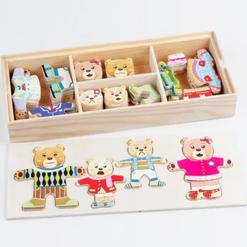 [Smieklīgi] Teddy Bear Mainīt Drēbes, Koka Rotaļlietas, Puzles, Montessori Izglītības Kleita Mainās Jigsaw Puzzle rotaļlieta DIY montēt rotaļlietas