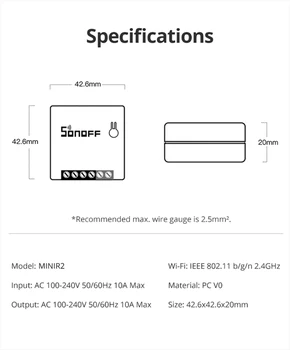 SONOFF MINIR2 divvirzienu Smart Switch(MINI Upgrade) DIY Smart Home Wifi Slēdzis 100-240V Laika Slēdži Darba Ar Google Home Alexa