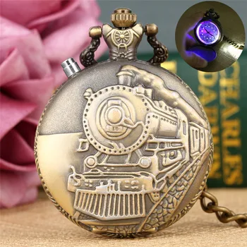 Steampunk LED Gaismas Pulkstenis Vilciena Lokomotīvi, Vīriešu, Sieviešu Kvarca Analogais, Kabatas pulkstenis ar arābu Cipariem Displejs Kulons Ķēdes Dāvanu