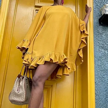 Stilīgs Y2K Dzeltena Apaļa Kakla Savirmot Sieviešu Cape Piedurknēm Vasaras Pludmales Cover Dāmas Ir 2021. Īss Puse Kleita Lielajam Karstā Mini Kleita