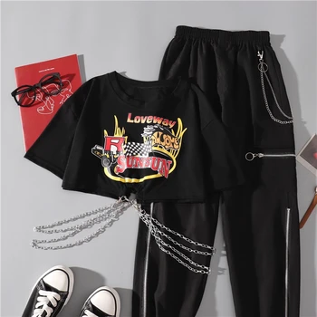 Streetwear Vaļēju Kravu Bikses Sieviešu Skaists Ķēdes T Krekls+Kravas Bikses Vēstuli Iespiesti Rāvējslēdzēju DIVAS Ķēdes Gabals, kas Bikses Sievietēm