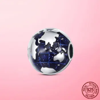 Sudraba Klipu Reālā 925 Sterling Sudraba Zilu Emalju Zemes Planētas, Vilināt Šarmu Kulons fit Original Pandora Aproces Sudraba Rotaslietas