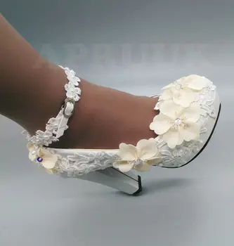 Super high 11cm bloķēt laukumā papēžiem balts sūkņi kurpes womann potītes siksnas sprādzi šampanieti ziedu mežģīnes līgavas kāzu kurpes līgava