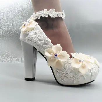 Super high 11cm bloķēt laukumā papēžiem balts sūkņi kurpes womann potītes siksnas sprādzi šampanieti ziedu mežģīnes līgavas kāzu kurpes līgava