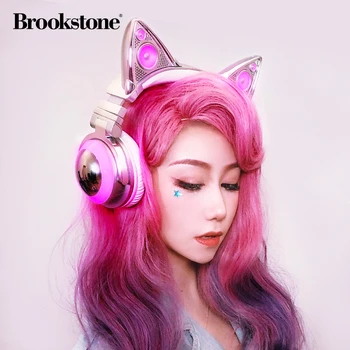 Sākotnējā Brookstone Kaķu ausis Bezvadu bluetooth austiņu Ariana Grande paraksts Sudraba RGB Luminiscenci meitene spēle austiņas