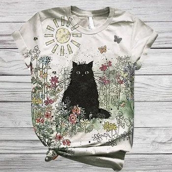 T Krekls Sievietēm Harajuku Topi Plus Lieluma Sievietēm ar Īsām Piedurknēm 3D Gudrs Melnais Kaķis, Iespiests O-t-veida Kakla T-Krekls Camisetas Mujer футболка