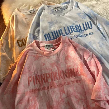 T-krekls Sieviešu Harajuku Rozā kaklasaišu krāsošanas Dizains Nozīmē Pusi piedurknēm Eiropas Un Amerikāņu Retro Labāko T-krekls Top Izmēra T-krekls