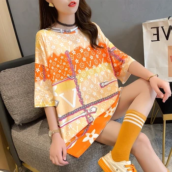 T-krekls SIEVIEŠU Īsām Piedurknēm Ir 2021. Stilu Vasaras Apģērbu Vidēja Garuma korejiešu stila Brīvs un Plus lieluma Eiropas Preces