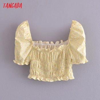 Tangada Sieviešu Retro Dzeltena Ziedu Drukāt Kultūru Krekls ar Īsām Piedurknēm 2021. Gada Vasaras Šiks Sieviešu Slim, Sexy Krekls Topi QN108