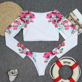 Tengweng Sandales Bikini Peldkostīmi Sievietēm Ir 2021. Divus Gabalus Ar Garām Piedurknēm Peldkostīmu Ziedu Drukāt Balts Peldkostīms Brazīlijas Biquini Komplekts
