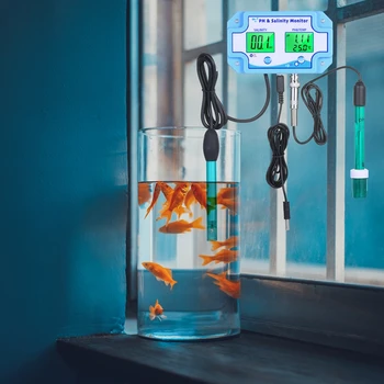 Tiešsaistē PH Sāļums TEMP Ūdens Kvalitātes Monitors LCD Displejs 3in1 Digitālo pH Sāls Temperatūras Vērtību Akvārija Zivju, Jūras ūdens Tvertne