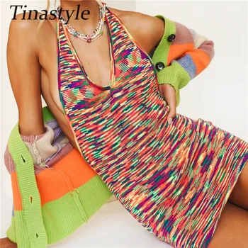 Tinastyle Multi Trikotāžas Backless Džemperis Kleita Sievietēm Sexy V Kakla Piedurknēm Bodycon Vasaras Pludmales Kleita Gadījuma Mini Kleita Apģērbs