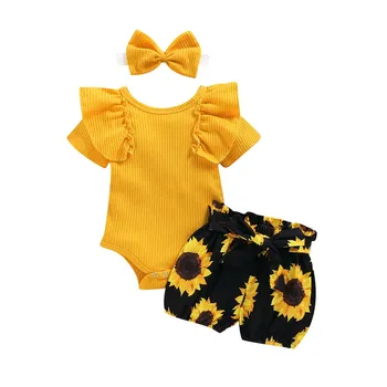 Toddler Bērnu Vasaras Apģērbs Mazulim Meitene Apģērbs ar Īsām Piedurknēm Romper Jumpsuit+Saulespuķu Drukāt Tutu Šorti 3Pcs Tērpiem Komplekts