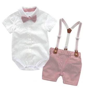 Tops un Bikses Toddler Bērnu Zēniem Kungu Apģērbu Komplektus ar Īsām Piedurknēm Romper+Bikšturi Bikses 2gab Kāzu svinības Gadījuma Tērpiem