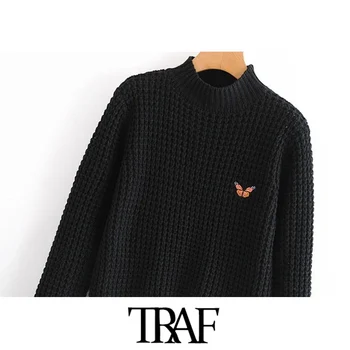 TRAF Sieviešu Modes Ar Izšuvumu Apgriezts Adītas Vintage Džemperis ar Augstu Apkakli, garām Piedurknēm, Sieviešu Džemperi Šiks Topi