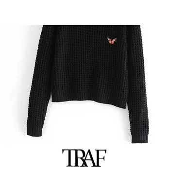 TRAF Sieviešu Modes Ar Izšuvumu Apgriezts Adītas Vintage Džemperis ar Augstu Apkakli, garām Piedurknēm, Sieviešu Džemperi Šiks Topi