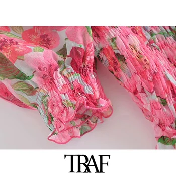 TRAF Sieviešu Modes Ziedu Drukāt Ruffles Apgriezts Blūzes Vintage Īsām Piedurknēm Smocked Elastīgs Sieviešu Krekli Šiks Topi
