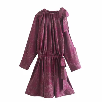 TRAF Za Vintage Print Īsās Vasaras Kleita Sieviete Ir 2021. Loku Viena Pleca, Izgriezt Mini Kleita Sievietēm Puff garām Piedurknēm Gadījuma Kleitas
