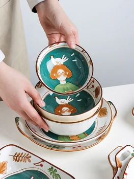 Trauki Keramikas Jaukā Meitene Bļodā Radošas Personības Zupas Trauku Komplekts Mājsaimniecības Ēdienus Un Plāksnes Komplekti