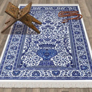 Turcijas Zilā Marmora Dizaina Lūgšanu Paklājs Bambusa Vintage Neslīdoša Tasseled Sejadah, Bieza, Mīksta Kilim Paklāju Islāmu Lūgšanu Paklājiņš Islāma