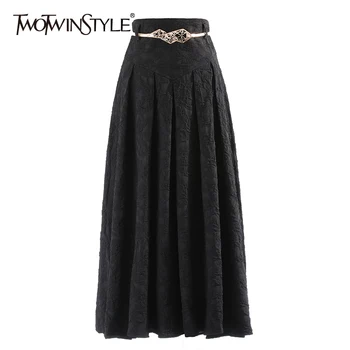 TWOTWINSTYLE Black Vintage Izšuvumi Svārki Sievietēm ar Augstu Vidukļa Minimālisma Maxi Svārki Sieviešu 2021. Gada Pavasara Modes Apģērbi