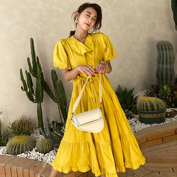 TWOTWINSTYLE Dzeltena Eleganta Kleita Sievietēm O Kakla Puff Īsām Piedurknēm Augsta Vidukļa Vērtnes Slim Vintage Midi Kleitas Sieviete Ir 2021. Jaunas