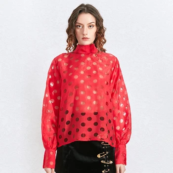 TWOTWINSTYLE Salikuma Viedokļa Dot Krekls Sievietēm Loku Apkakli, garām Piedurknēm Gadījuma Eleganta Blūze Sieviešu Modes Jauns Stilīgs
